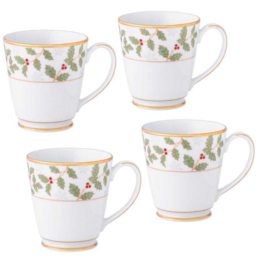 Holly & Berry Gold Set Of 4 Mugs, 12 Oz.