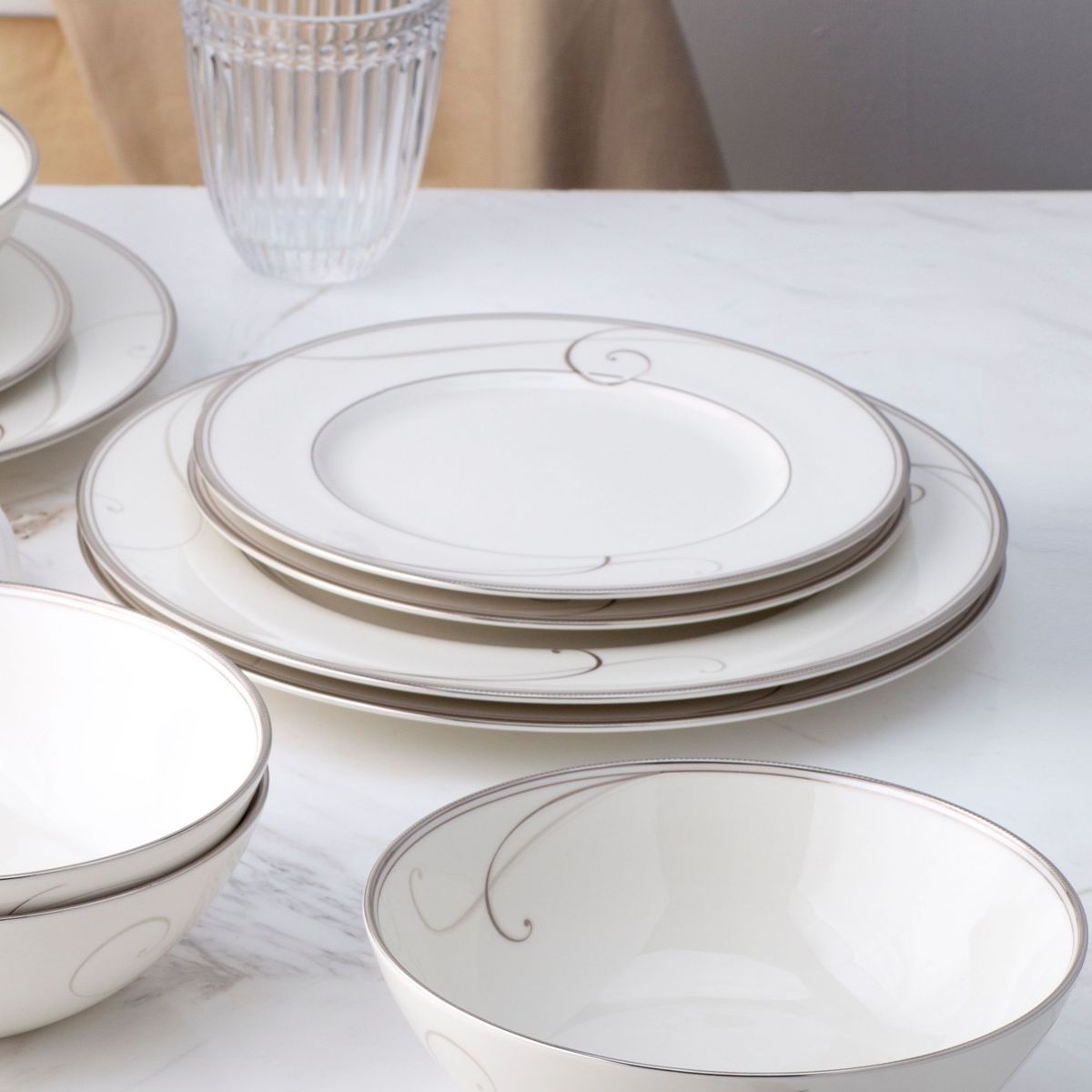 Platinum Wave 12-Piece Dinnerware Set, Service For 4
