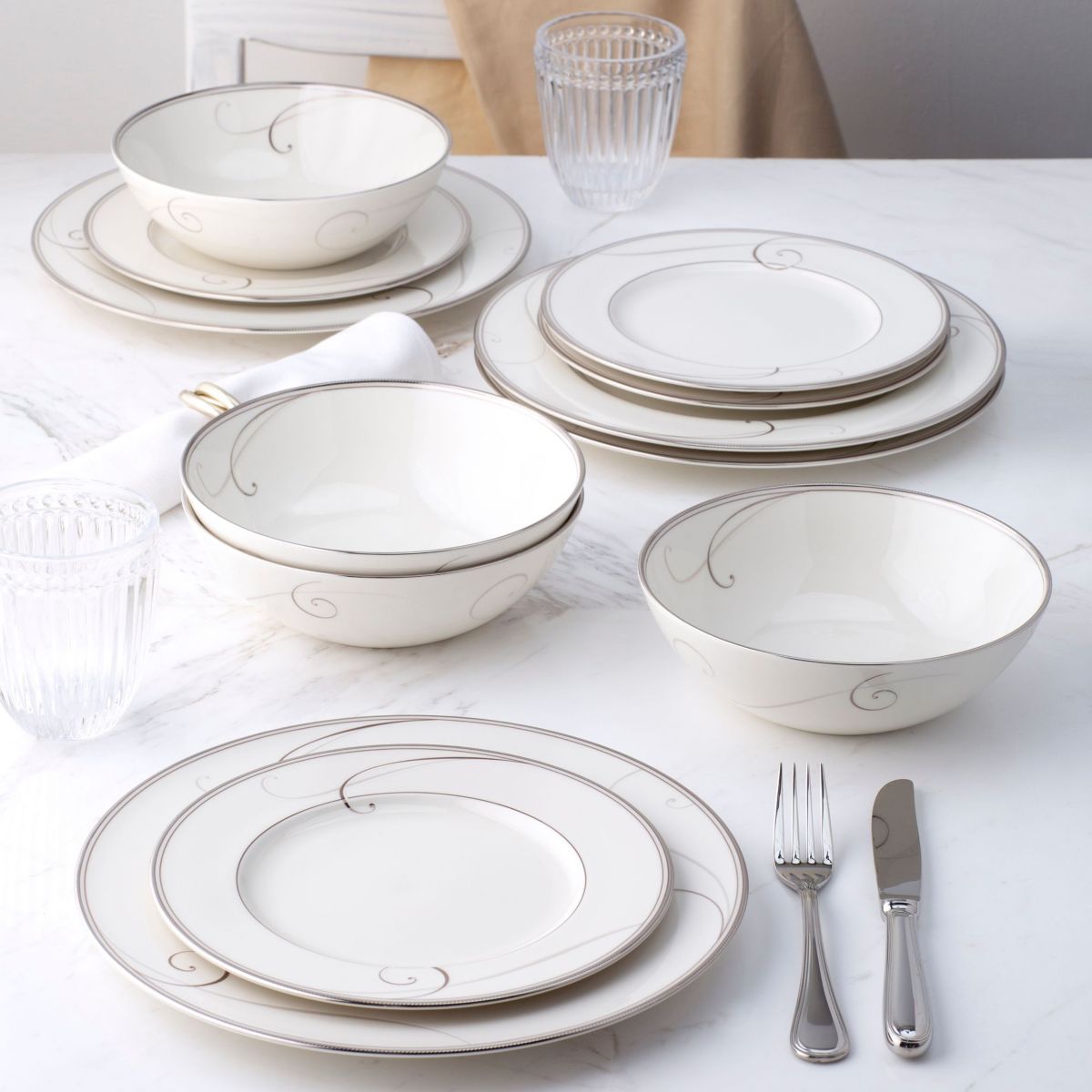 Platinum Wave 12-Piece Dinnerware Set, Service For 4