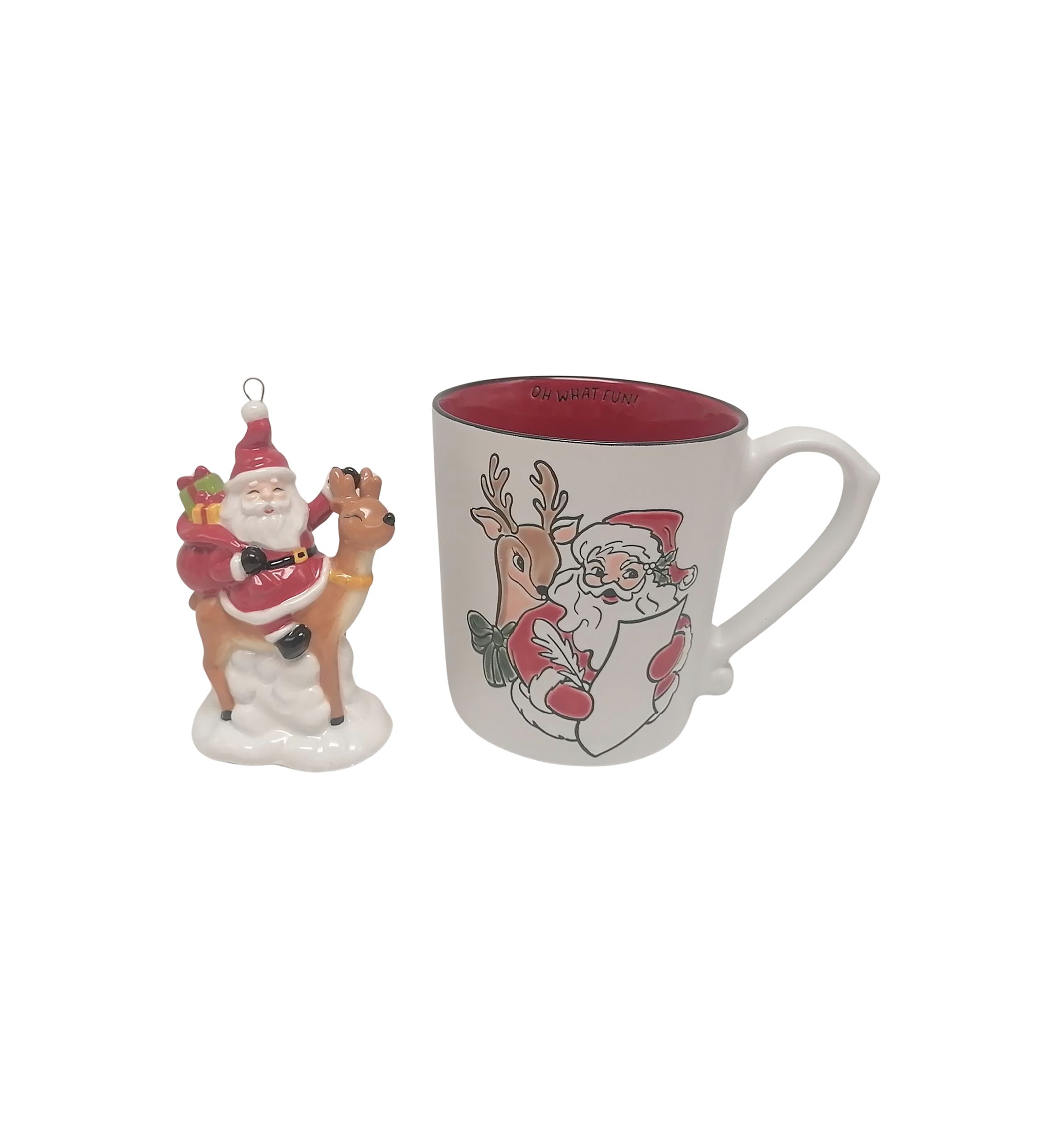Santa on Reindeer Mug and Ornament Set
