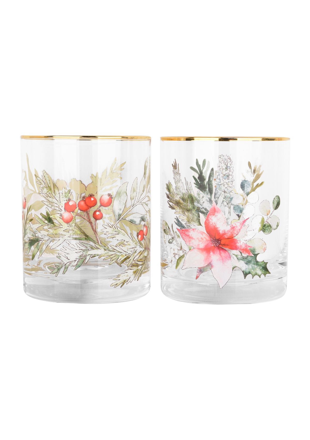 Set of 2 Poinsettia and Holly Glasses
