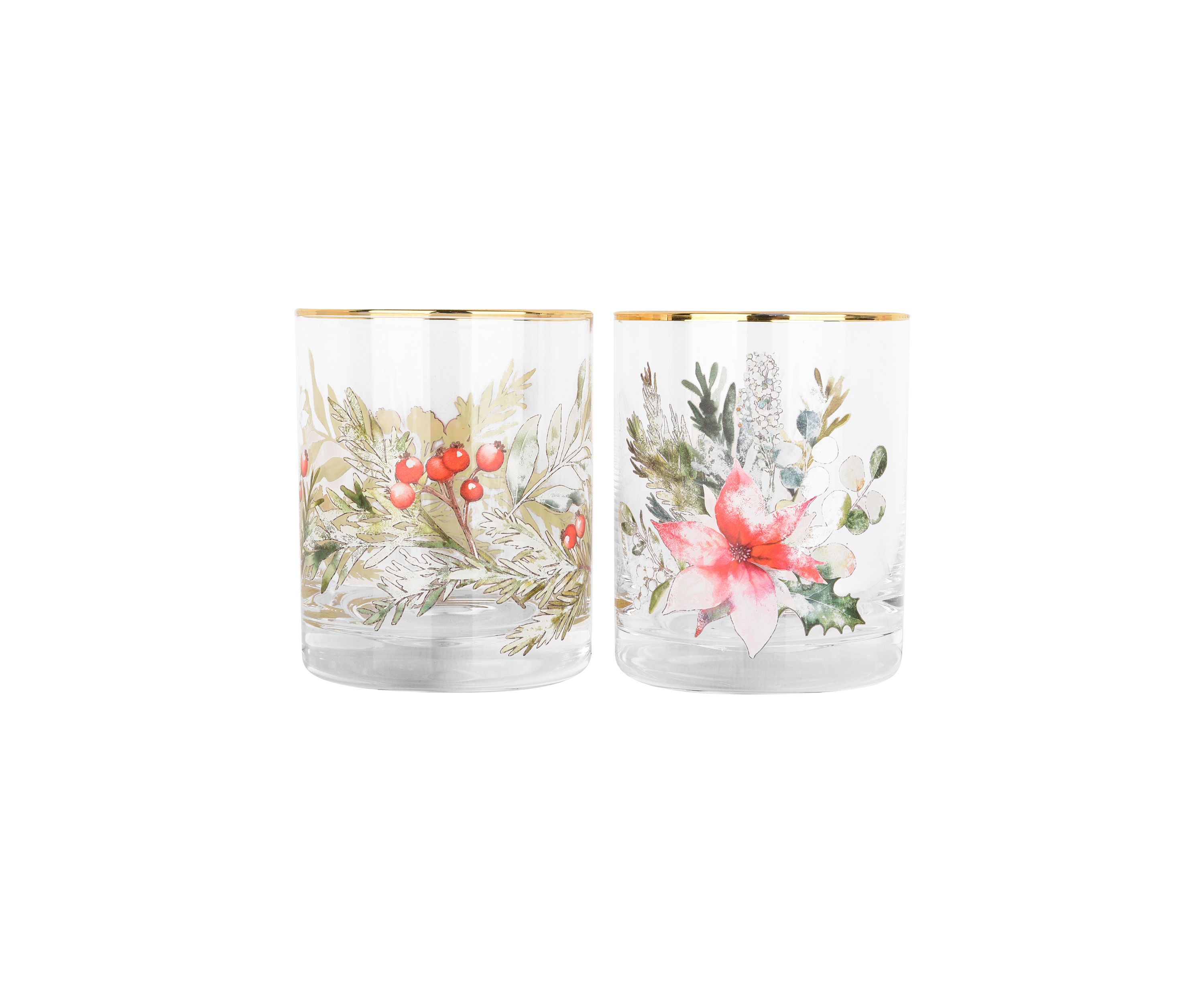 Set of 2 Poinsettia and Holly Glasses
