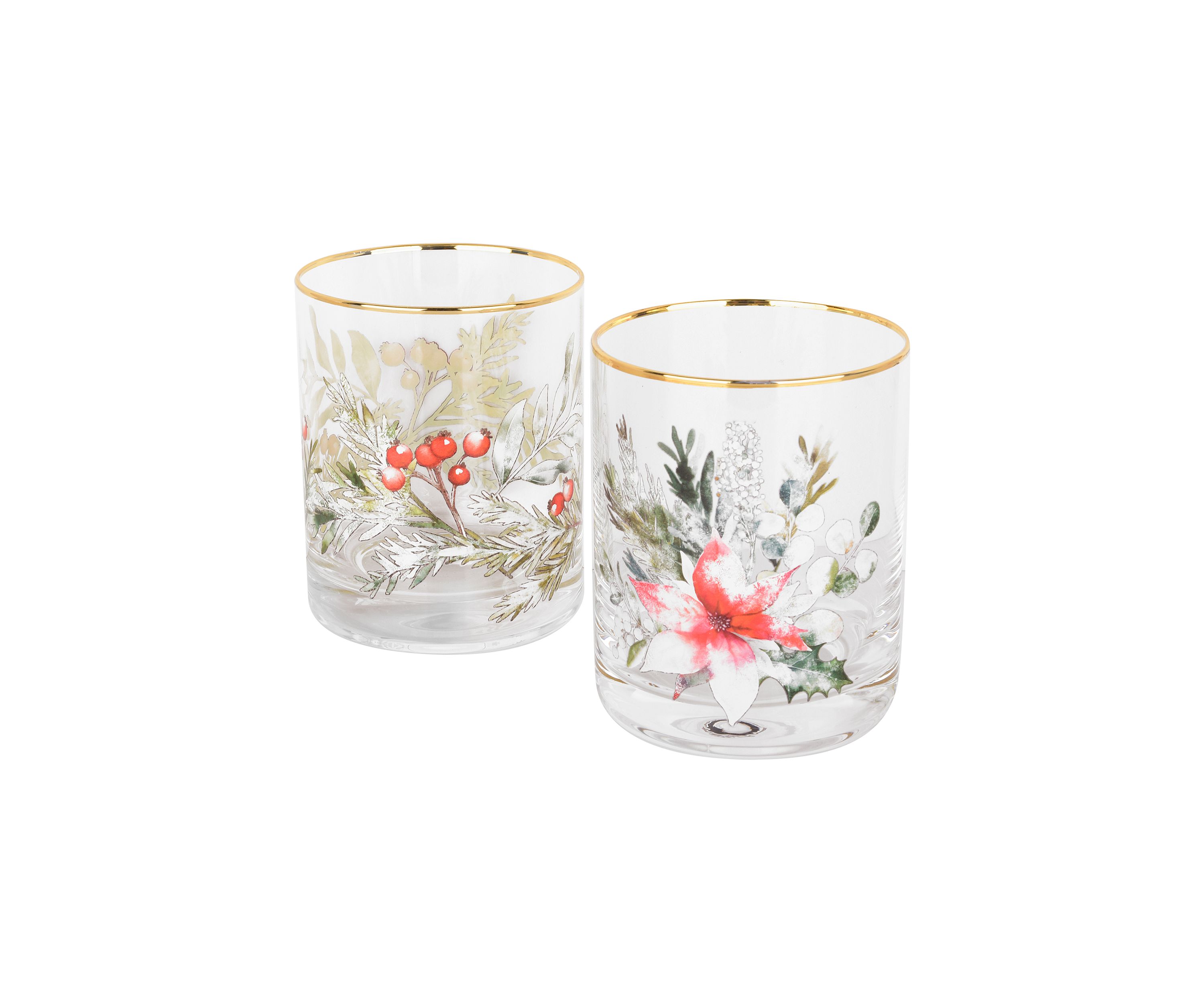 Set of 2 Poinsettia and Holly Glasses