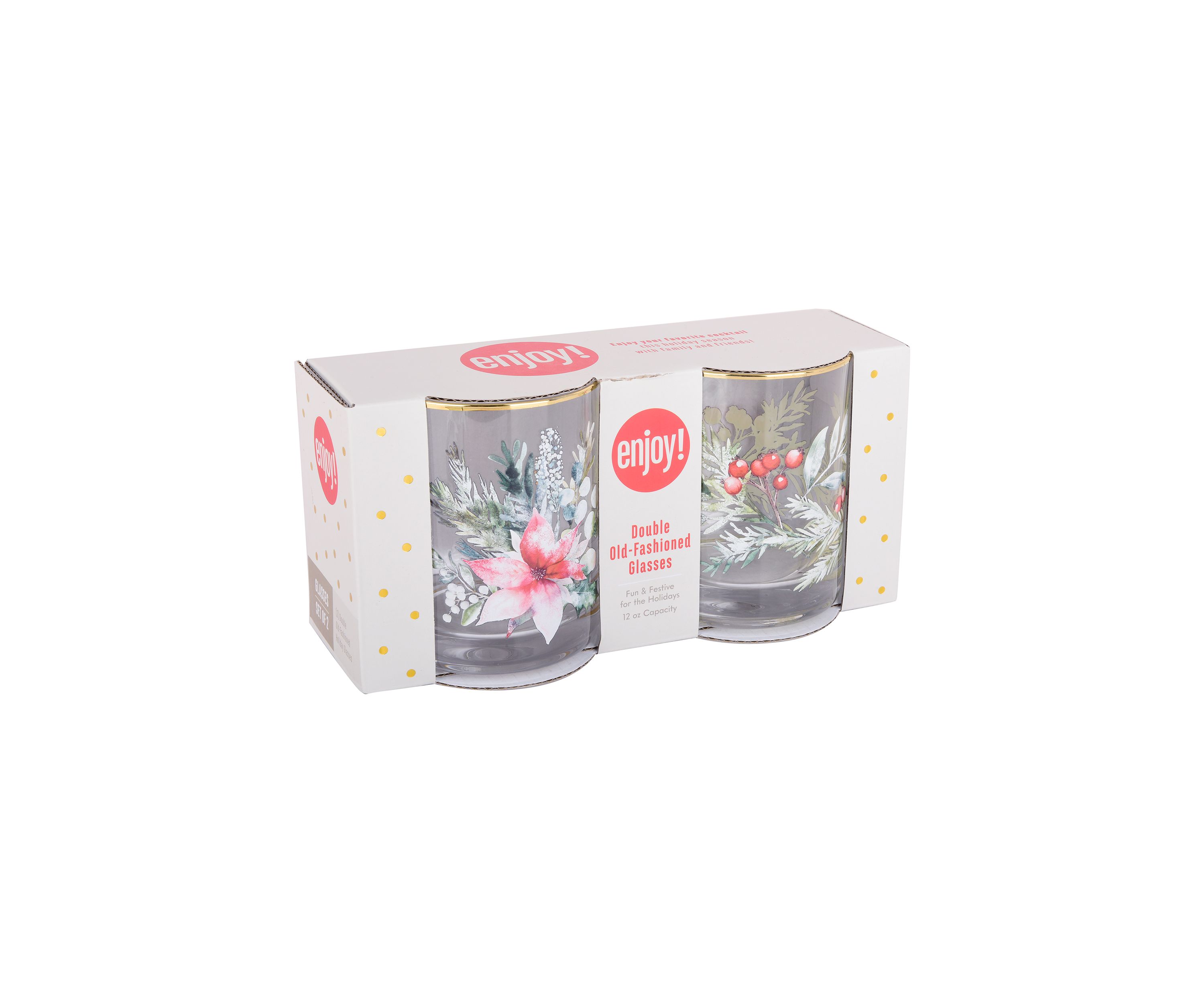 Set of 2 Poinsettia and Holly Glasses