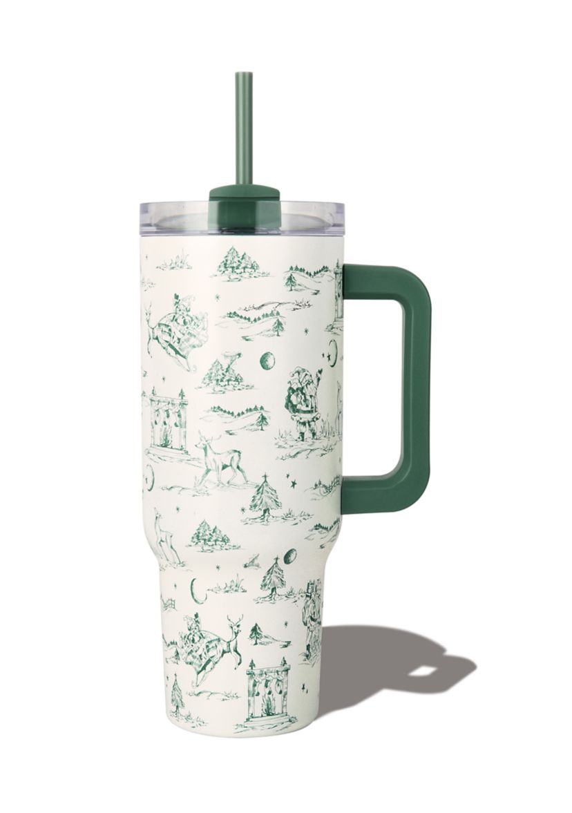 40 oz Green Christmas Toile Insulated Tumbler with Handle