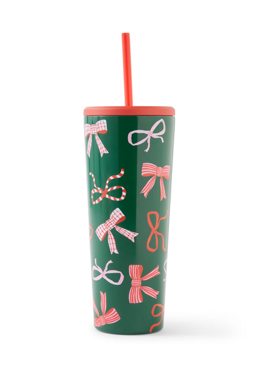 24 oz Straw Tumbler with Red and Green Bows