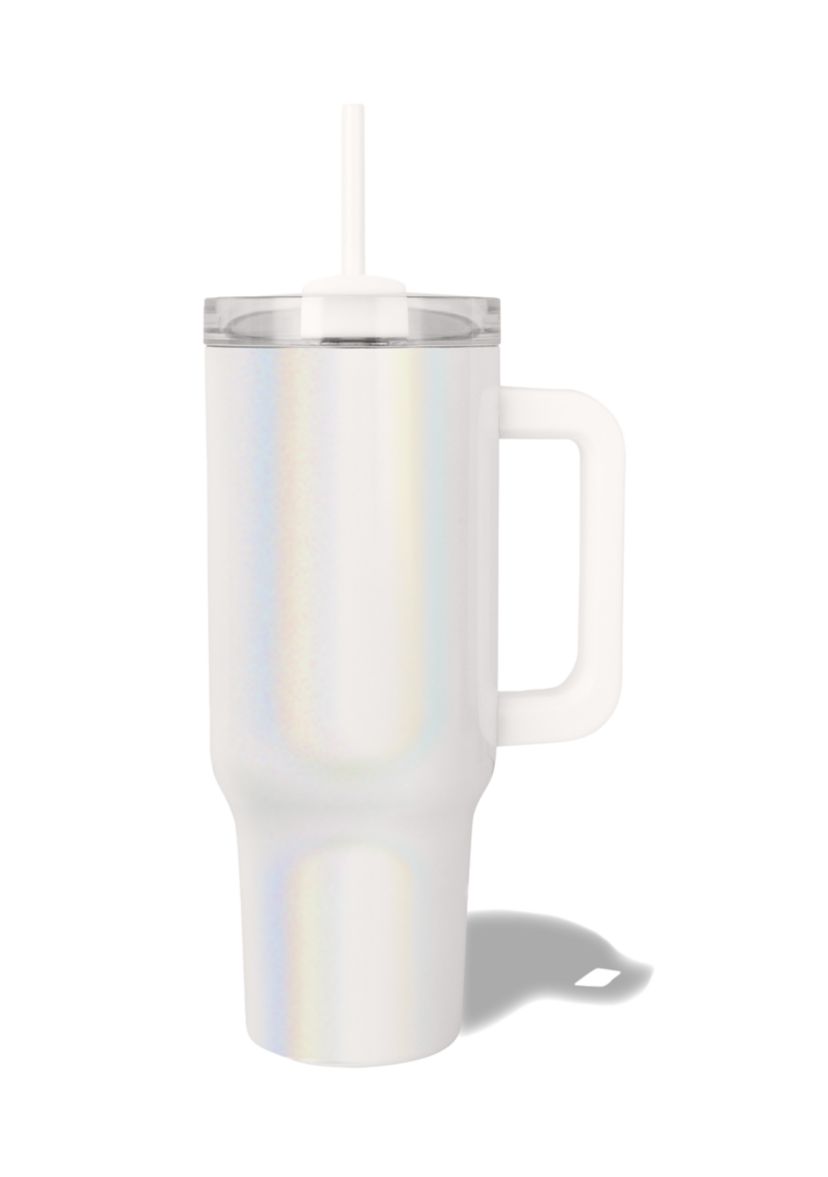 40 oz White Iridescent Insulated Tumbler with Handle 