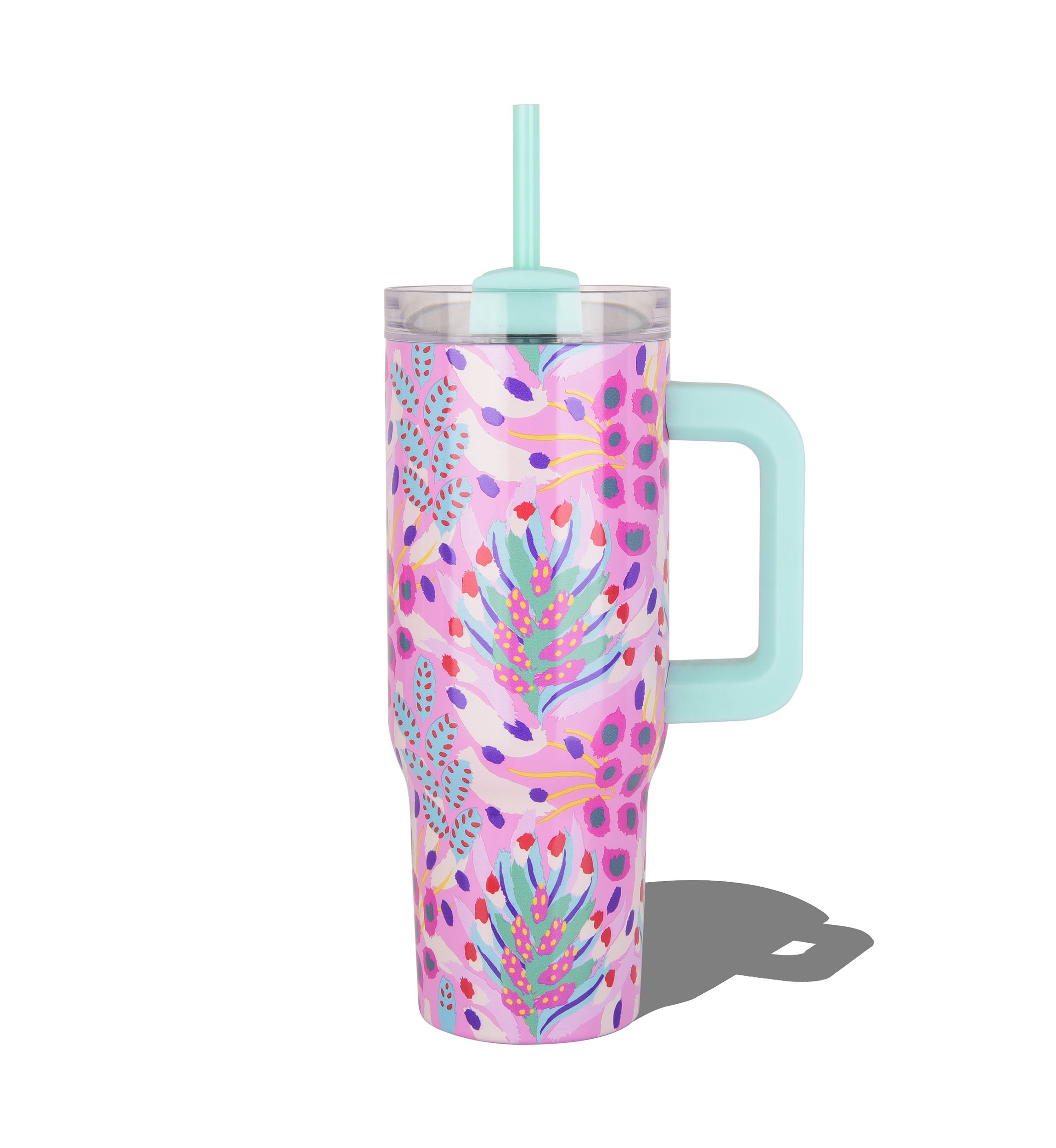 30 oz Handle Tumbler - Pink Tropical Leaf