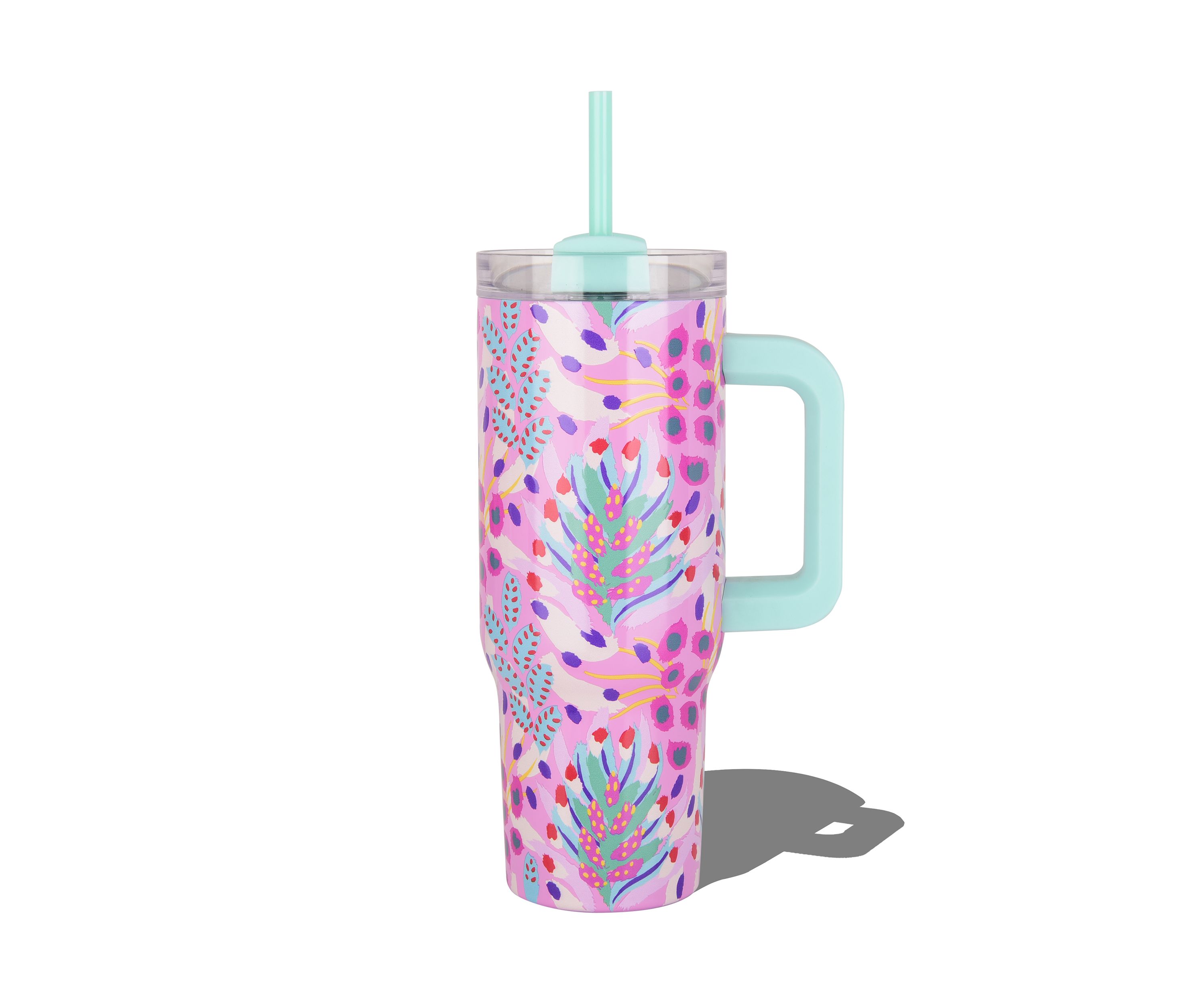 30 oz Handle Tumbler - Pink Tropical Leaf