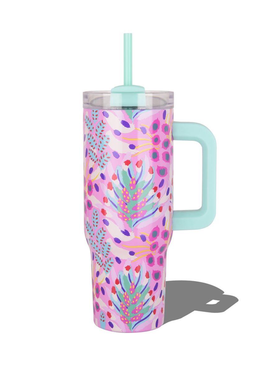 30 oz Handle Tumbler - Pink Tropical Leaf