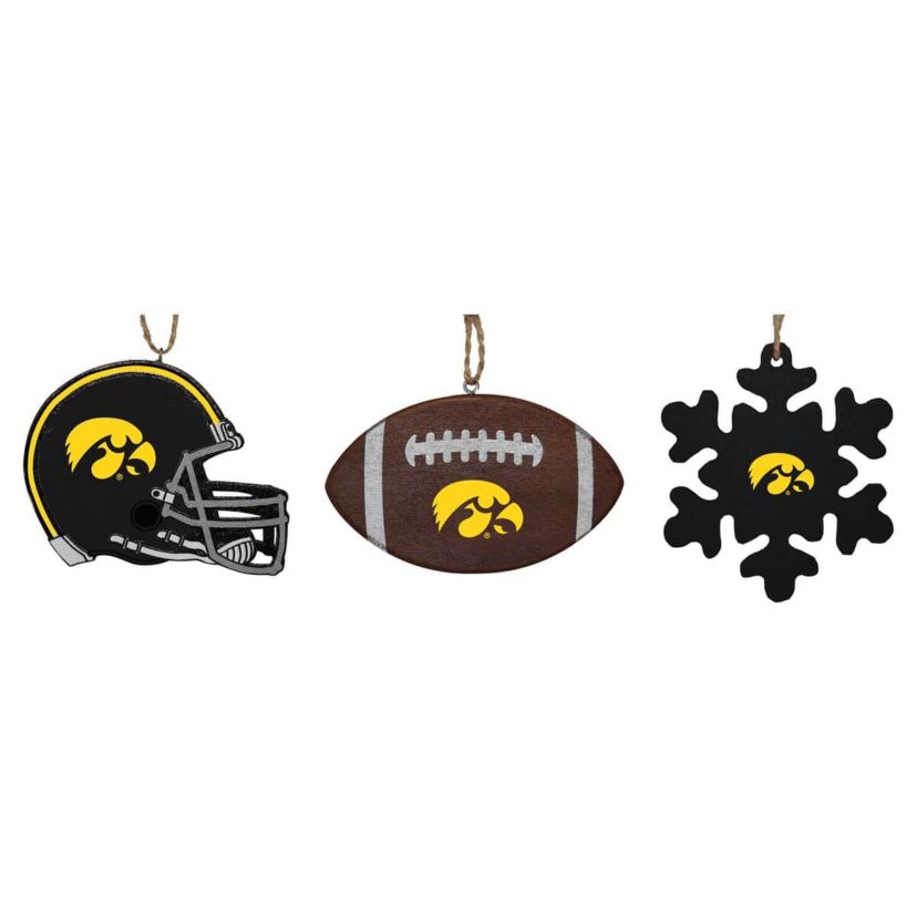 NCAA Iowa Hawkeyes Three-Pack Helmet, Football & Snowflake Ornament Set