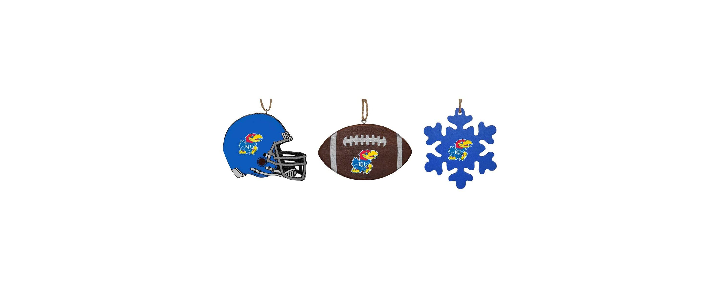 NCAA Kansas Jayhawks Three-Pack Helmet, Football & Snowflake Ornament Set