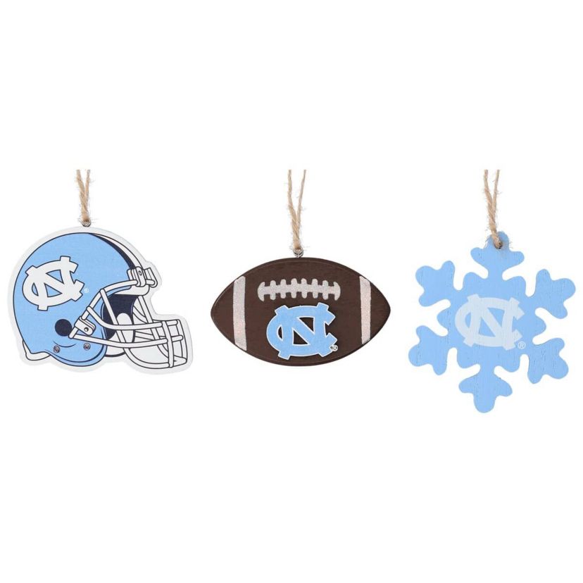 NCAA North Carolina Tar Heels Three-Pack Helmet, Football & Snowflake Ornament Set