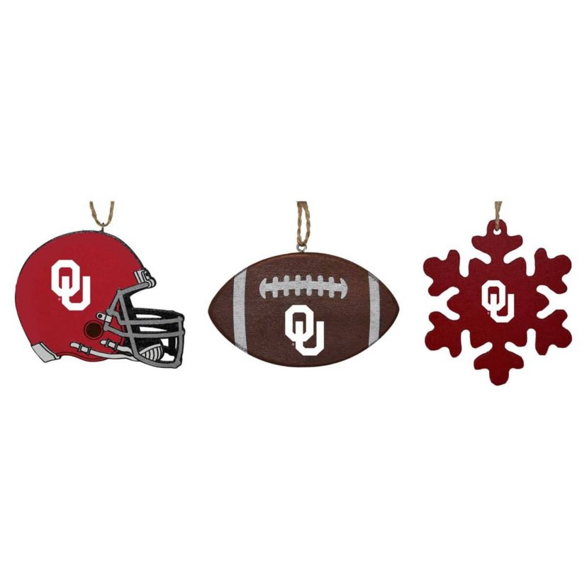NCAA Oklahoma Sooners Three-Pack Helmet, Football & Snowflake Ornament Set