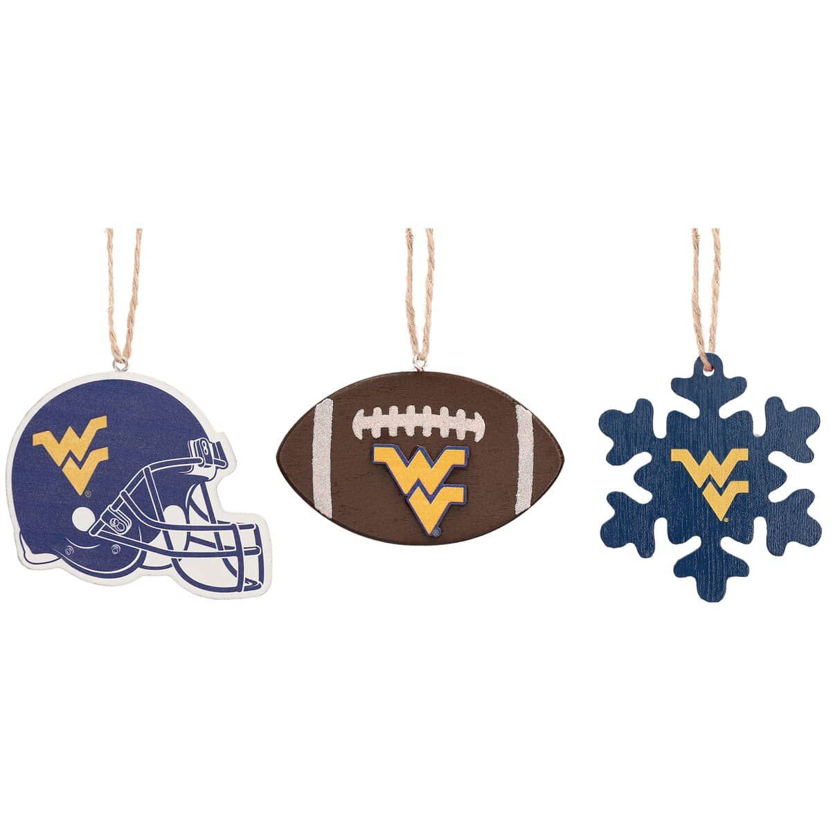 NCAA West Virginia Mountaineers Three-Pack Helmet, Football & Snowflake Ornament Set