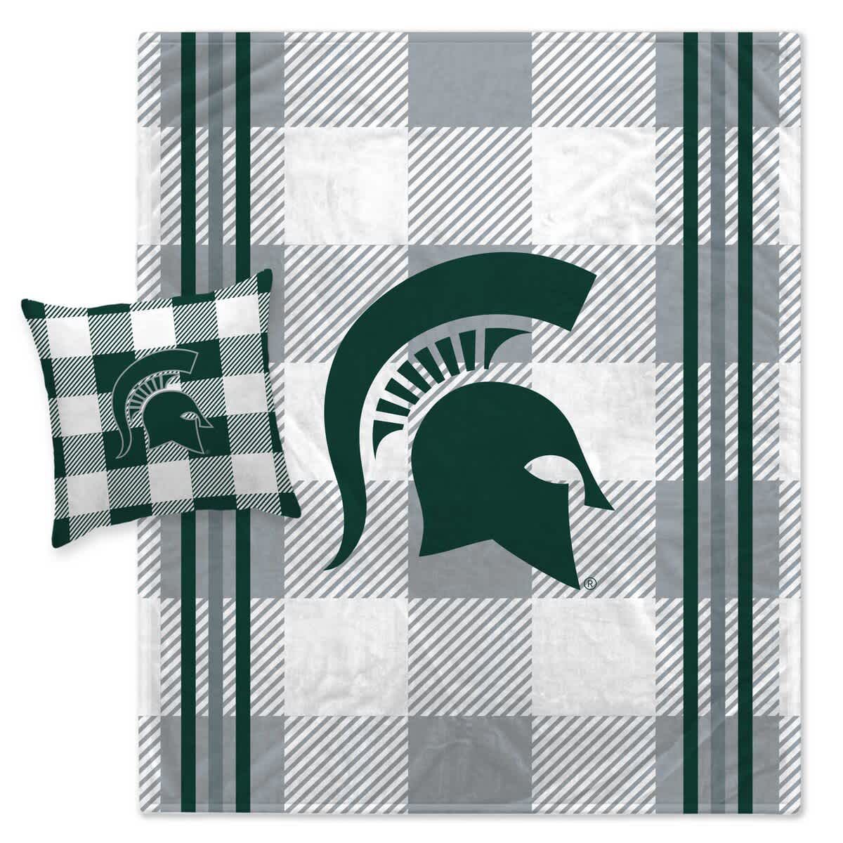 NCAA Michigan State Spartans Plaid Stripes Blanket and Pillow Combo Set