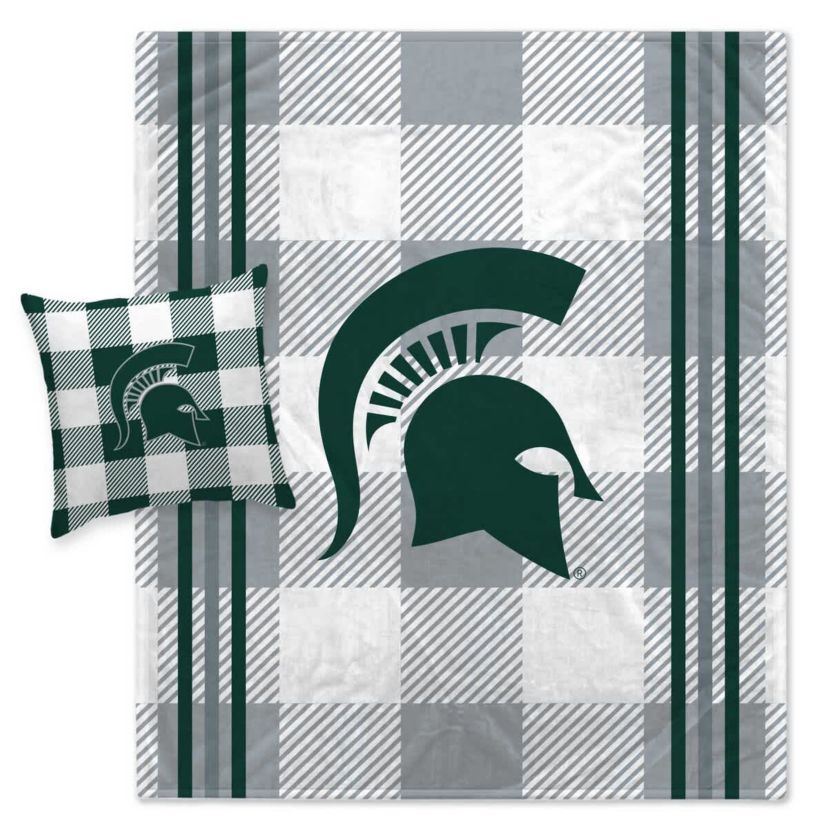 NCAA Michigan State Spartans Plaid Stripes Blanket and Pillow Combo Set