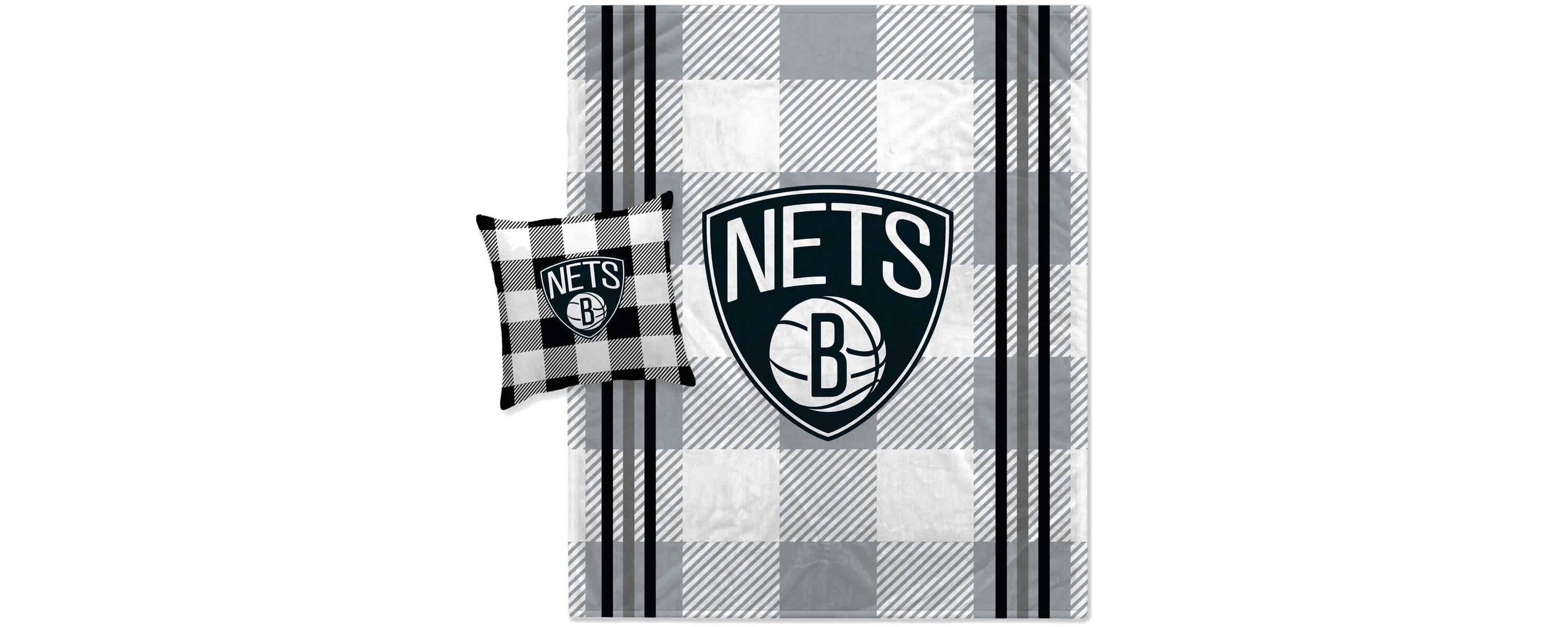 NBA Brooklyn Nets Plaid Stripes Blanket and Pillow Combo Set