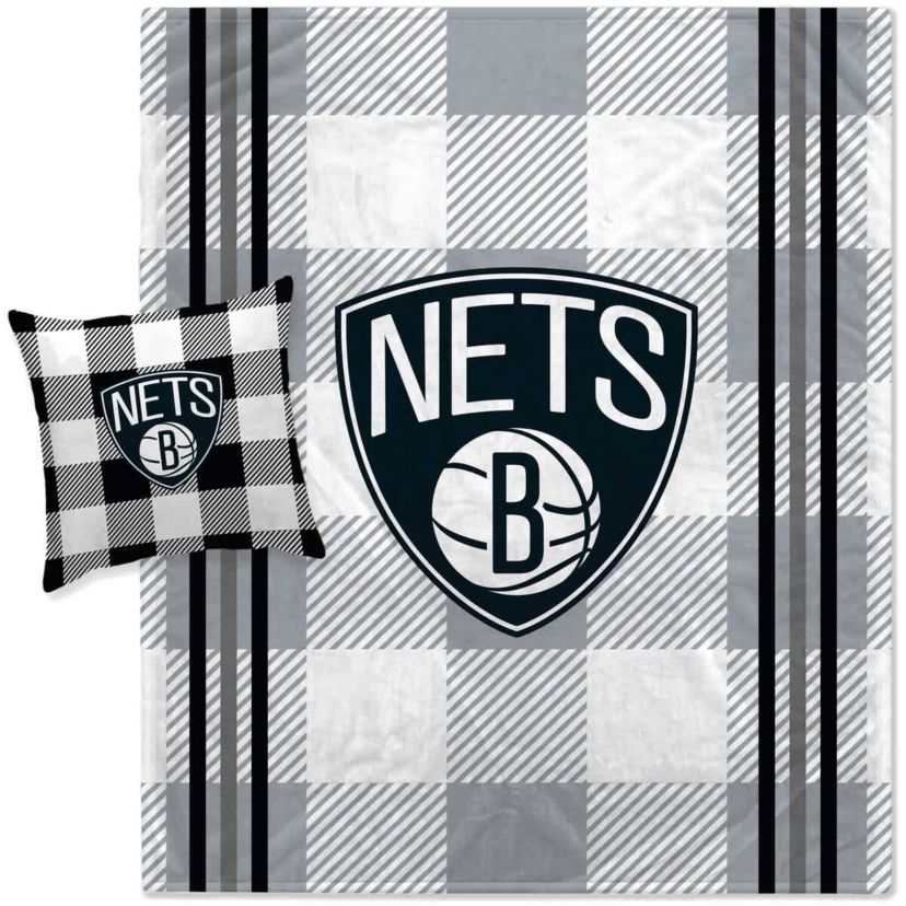NBA Brooklyn Nets Plaid Stripes Blanket and Pillow Combo Set