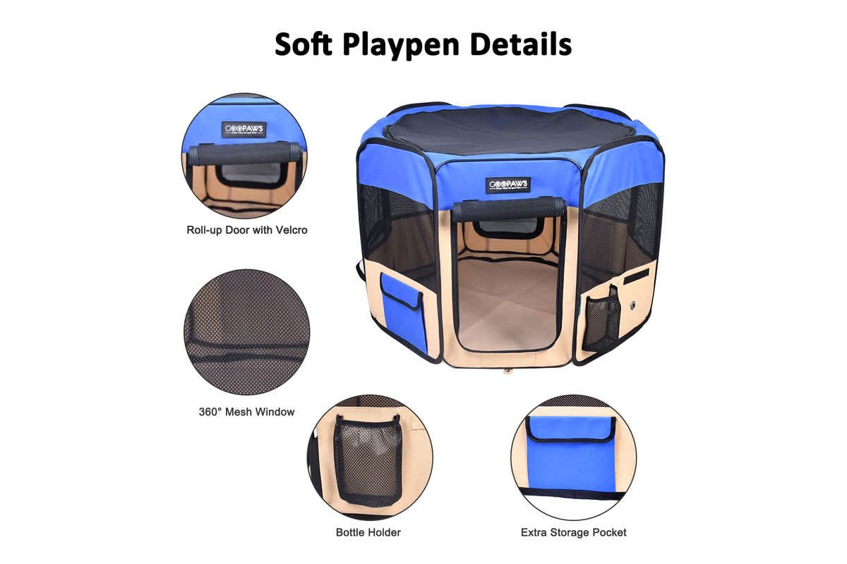 GOOPAWS Soft-Sided Dog & Cat Playpen, Blue, 36