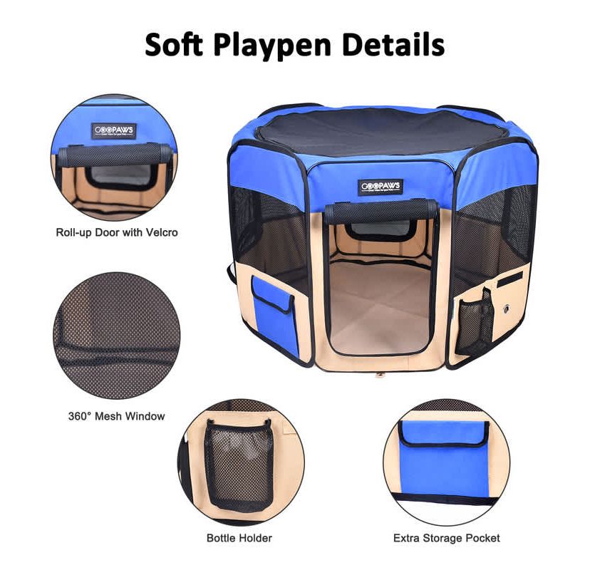 GOOPAWS Soft-Sided Dog & Cat Playpen, Blue, 36
