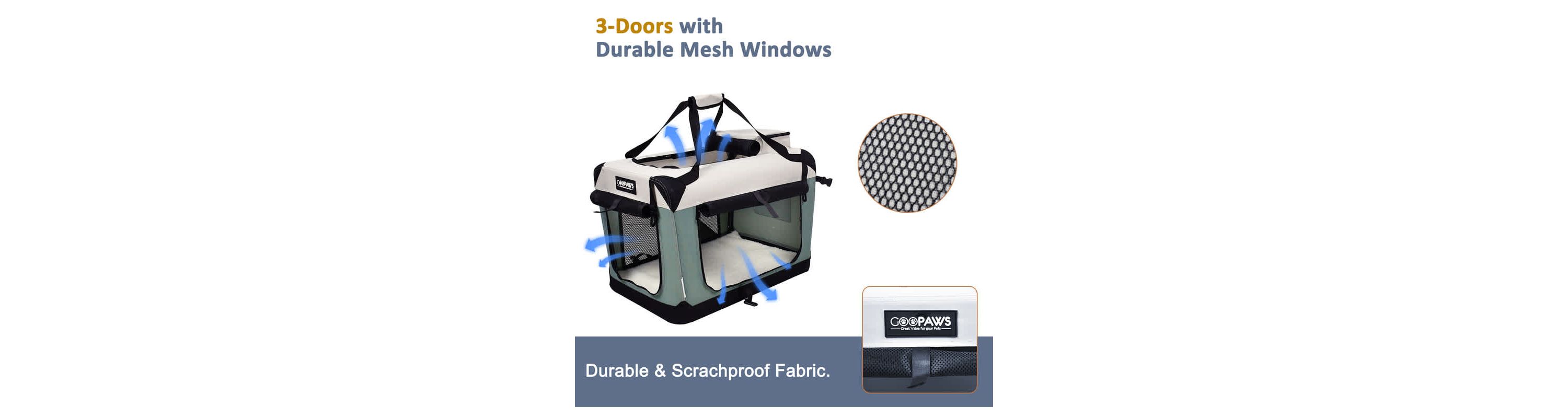 GOOPAWS 3-Door Collapsible Soft-Sided Dog Crate, Shale Green, 24