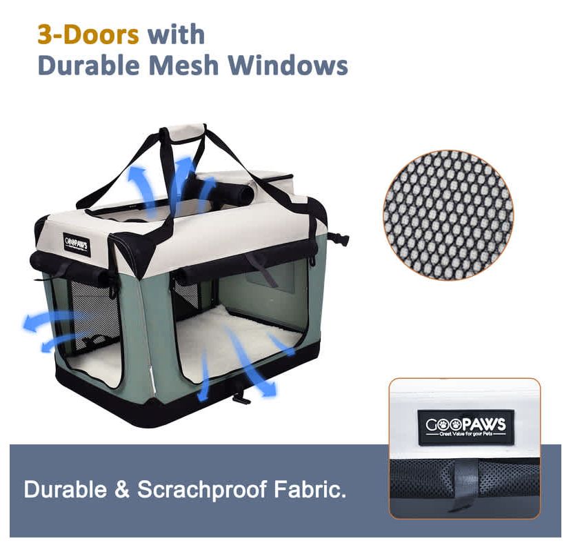 GOOPAWS 3-Door Collapsible Soft-Sided Dog Crate, Shale Green, 24