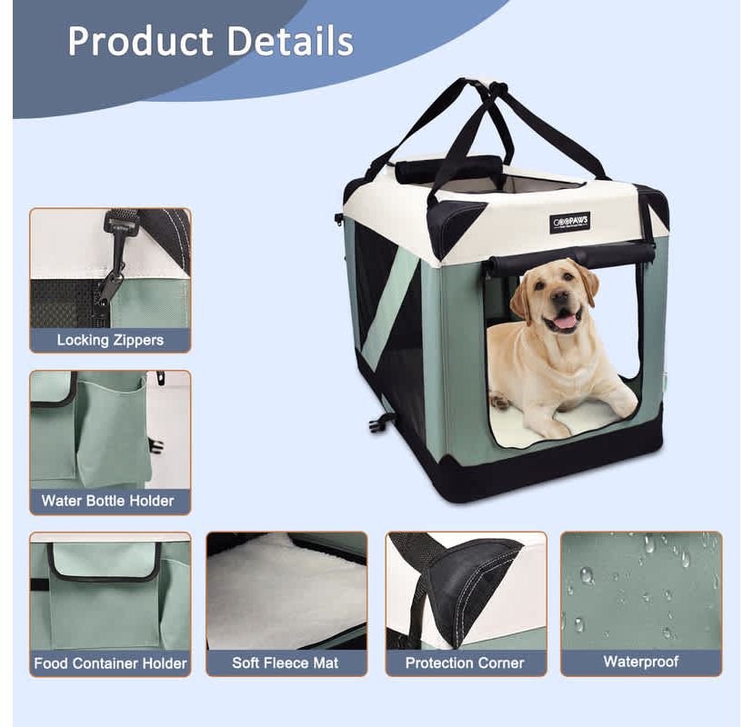 GOOPAWS 3-Door Collapsible Soft-Sided Dog Crate, Shale Green, 24