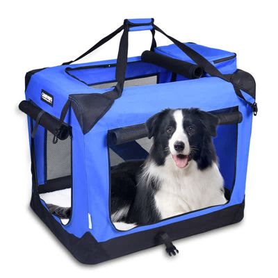 GOOPAWS 3-Door Collapsible Soft-Sided Dog Crate, Black, 30'', Blue