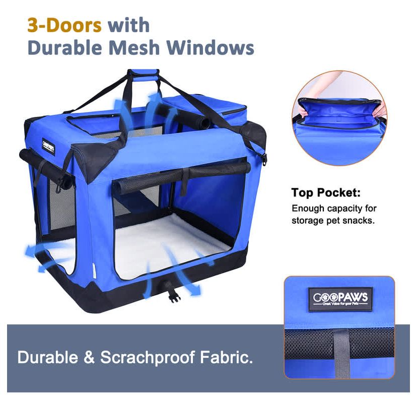 GOOPAWS 3-Door Collapsible Soft-Sided Dog Crate, Black, 30