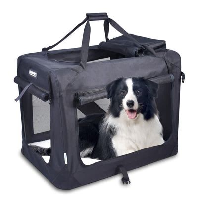 GOOPAWS 3-Door Collapsible Soft-Sided Dog Crate, Shale Green, 36'', Black