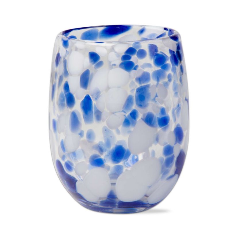16 oz. Confetti Glass Stemless Wine Drinkware Cobalt Blue and White Dishwasher Safe Beverage Glassware Dinner Party Wedding