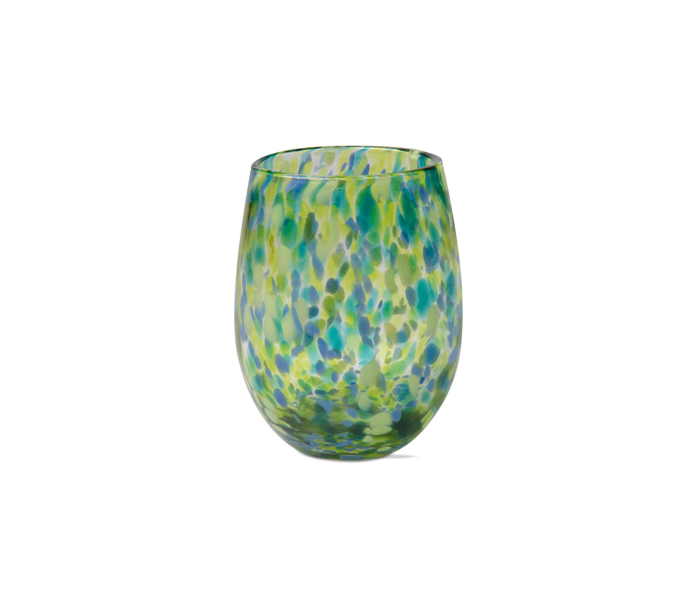 16 oz. Confetti Glass Stemless Wine Drinkware Green And Blue Dishwasher Safe Beverage Glassware  Dinner Party Wedding