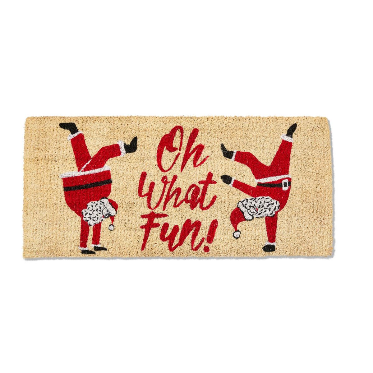 Tag 16"x33" Oh What Fun Sentmeint Dancing Santa Coir Mat Rectangle Indoor Outdoor Coir Door Mat Red on Brown Background