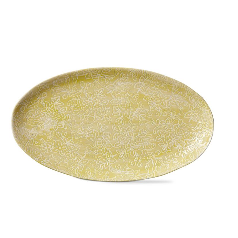 Bloom & Blossom Flower Embossed Yellow Stoneware Platter Serving Dish Tray