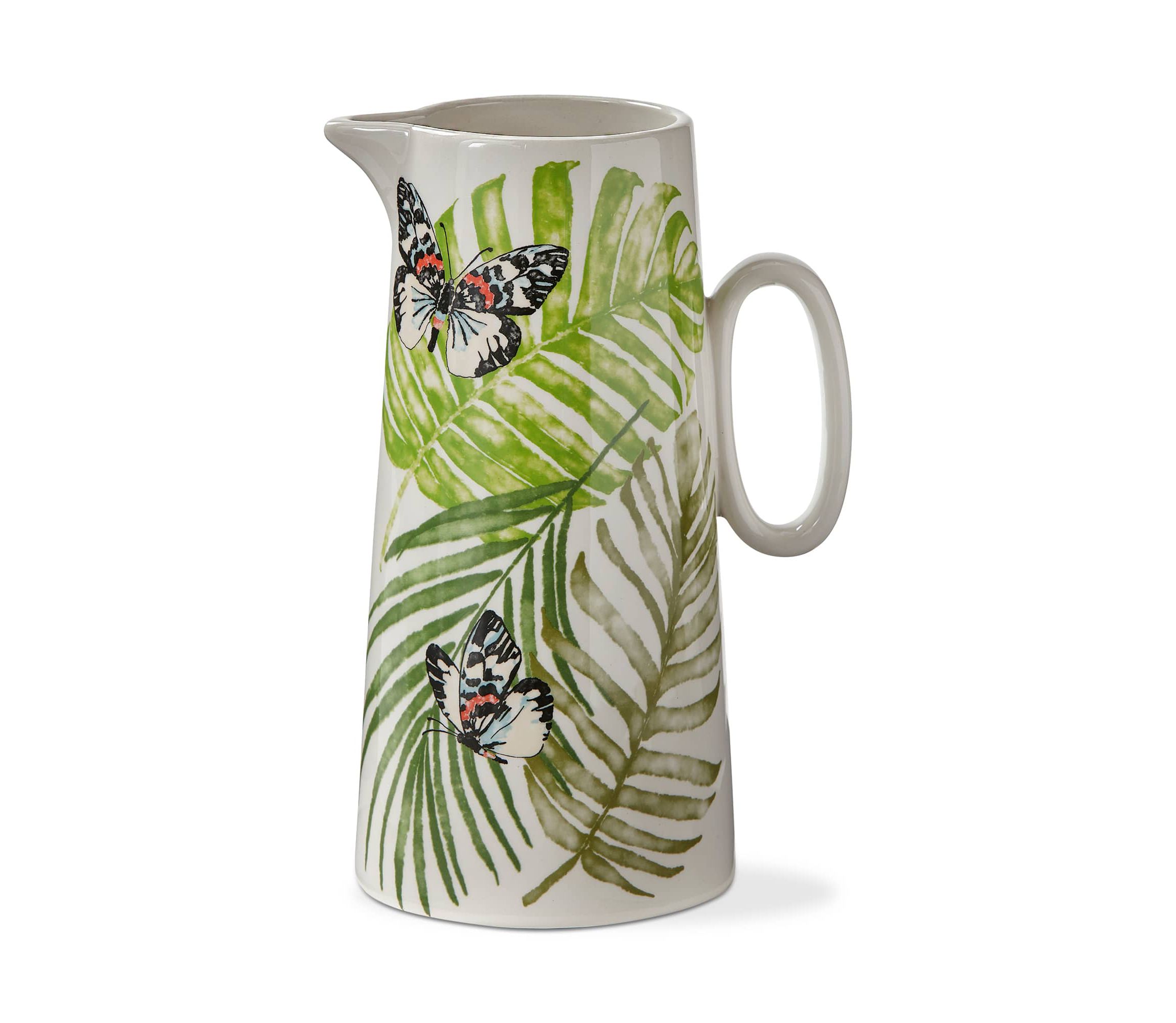 Palm + Butterfly 54oz Ceramic Beverage Pitcher - Colorful Summer Drink Server, 9.51" H x 4.75" D, Hand Wash Only