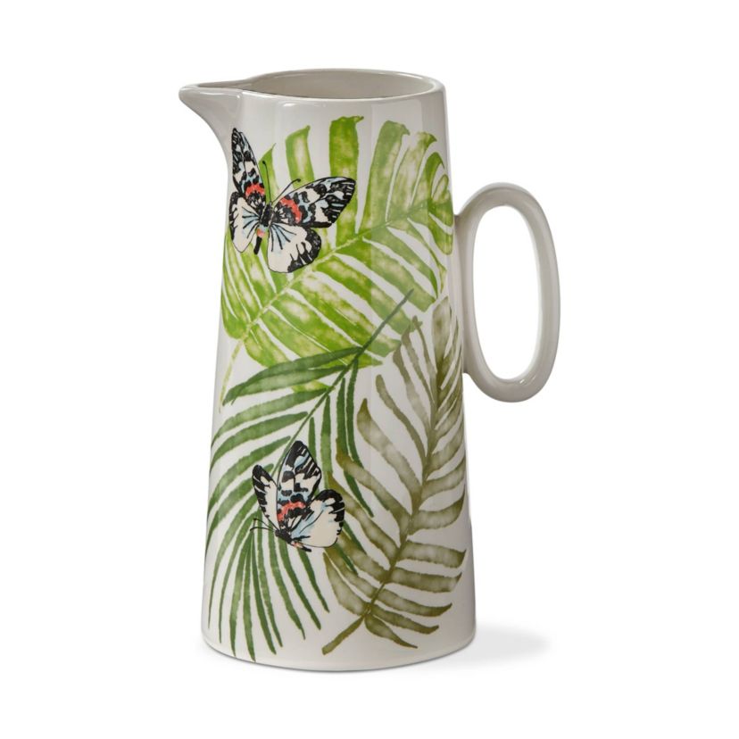 Palm + Butterfly 54oz Ceramic Beverage Pitcher - Colorful Summer Drink Server, 9.51" H x 4.75" D, Hand Wash Only