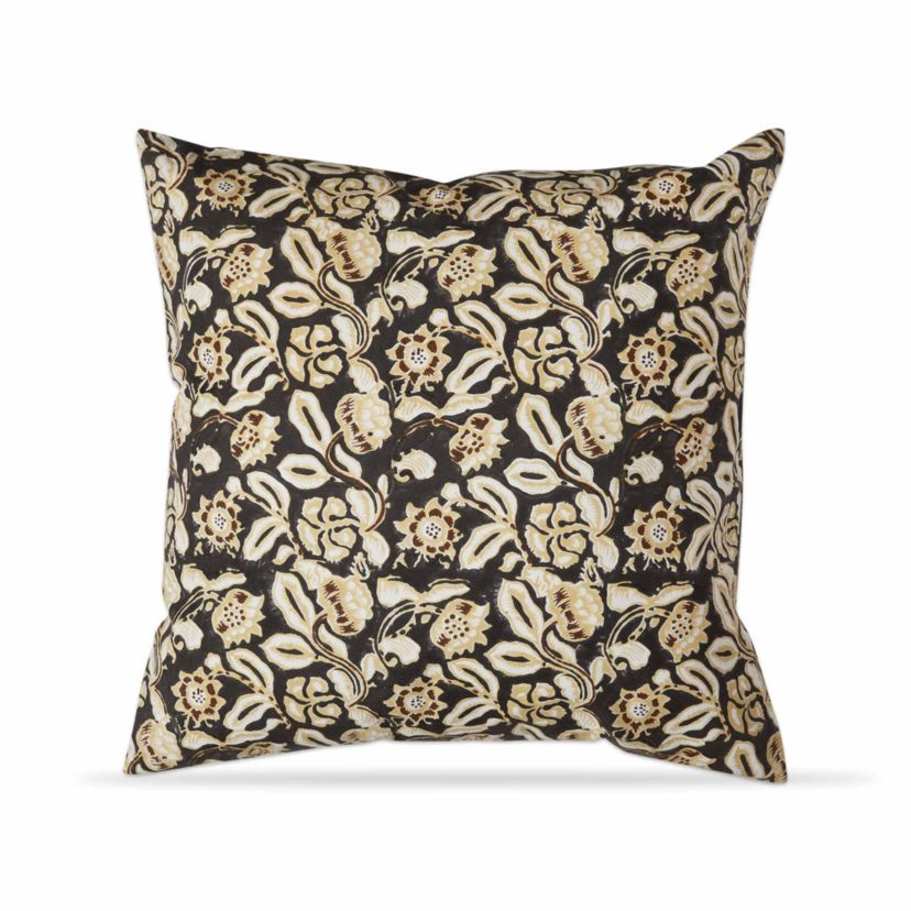 22"x22" Black Honeysuckle Block Print Cotton Accent Decorative Throw Pillow Poly Filled Removable Insert Square
