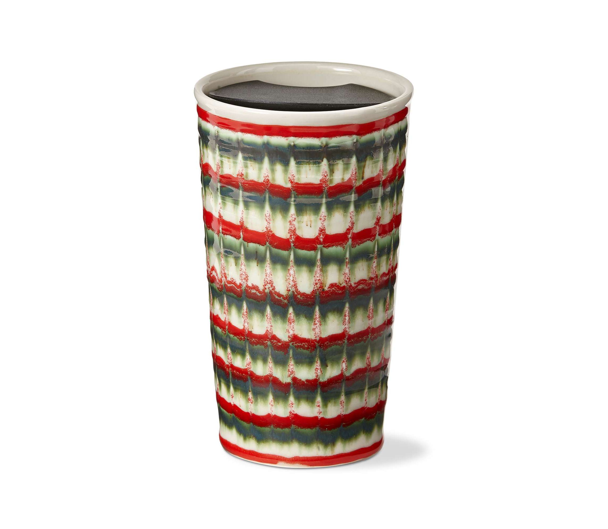 Festive Red & Green Stoneware Hot and Cold Beverage Insulated Travel Mug for Tea or Hot Coco 16 Oz