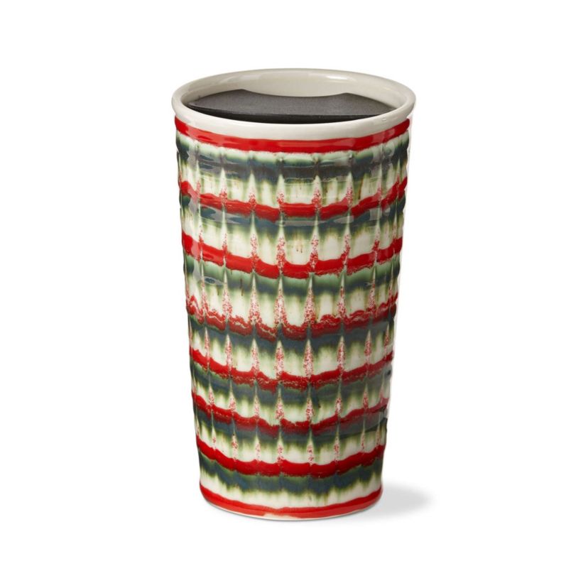 Festive Red & Green Stoneware Hot and Cold Beverage Insulated Travel Mug for Tea or Hot Coco 16 Oz