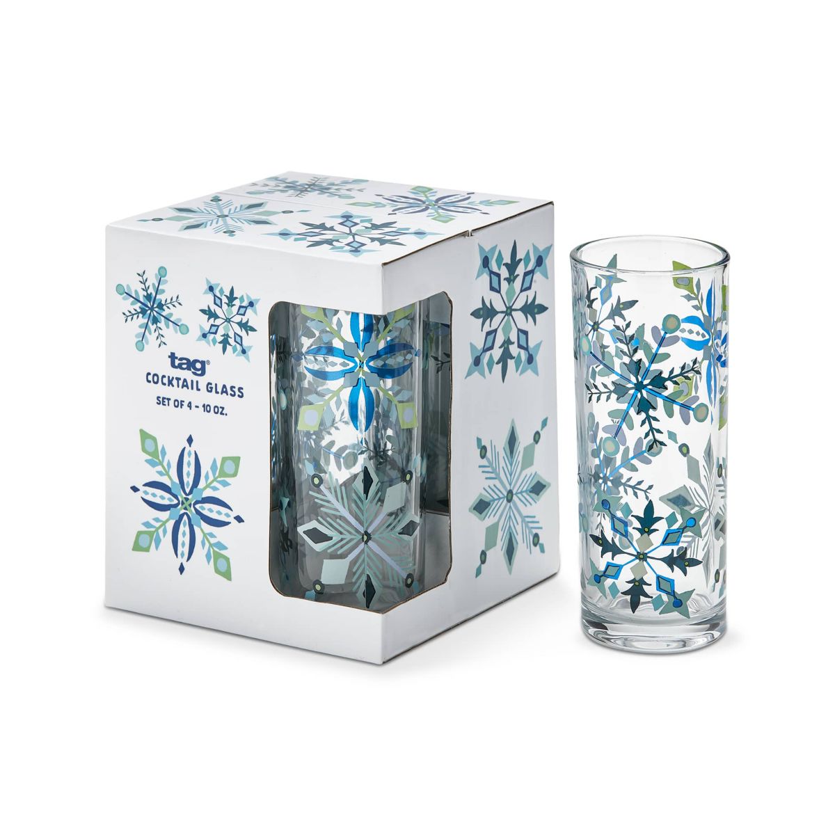 10 oz. Alpine Glow Blue Snowflake Cocktail Beverage Drinkware Glass Set of 4 Christmas XMAS Festive Winter Holidays Home Kitchen Dining Dinner Meal Decor Decoration