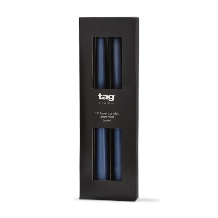 tag Color Studio 12" Traditional Taper Unscented Smokeless Paraffin Wax Candle Blue Denim Set of 4 Burn Time 8 hrs.