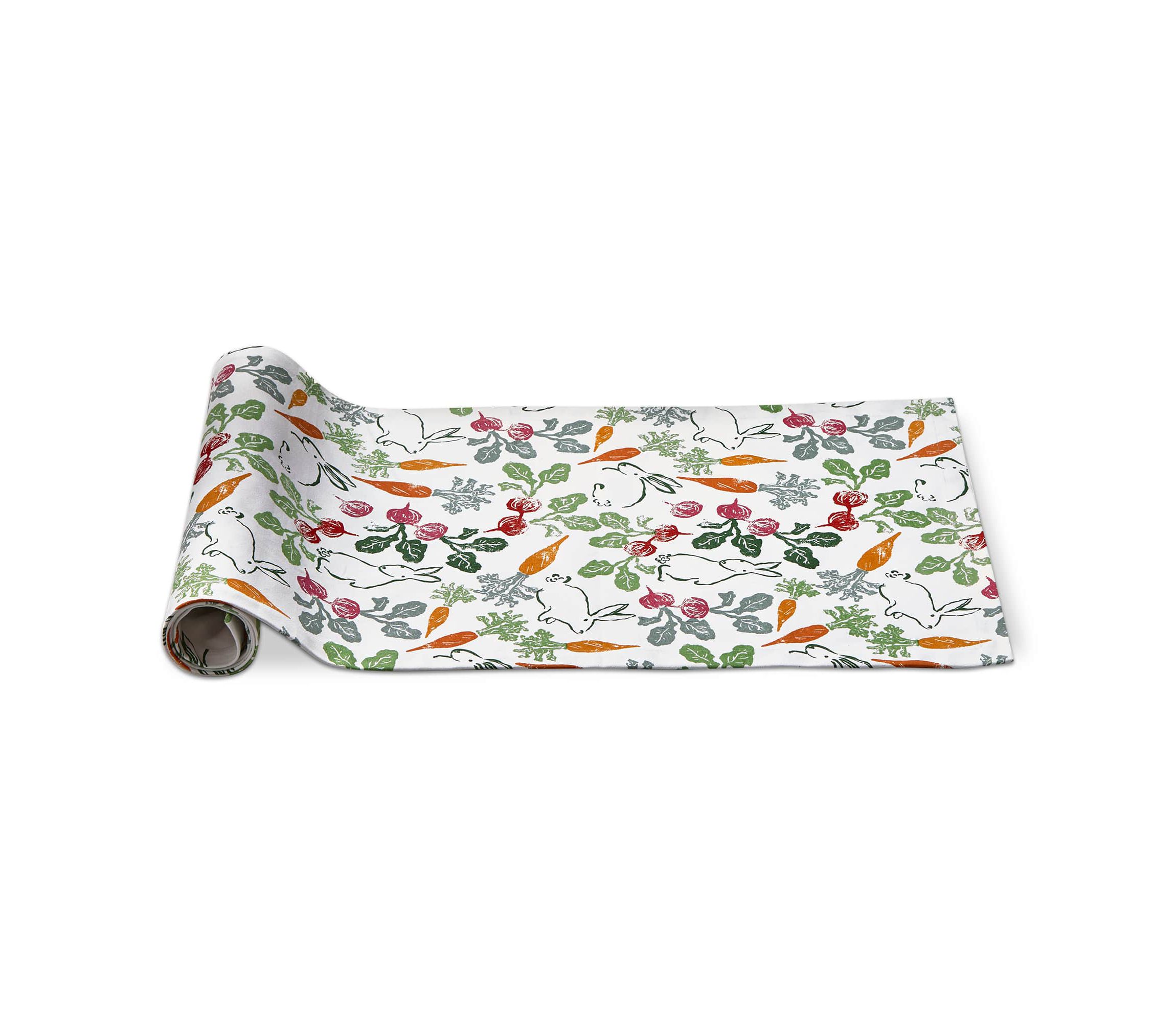 Veggie Bunny Radish Carrot and Bunny Print on White Background Cotton Machine Washable Table Runner Décor Decoration  72L x 18 W-in.