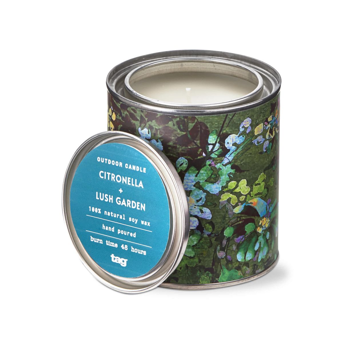 Lush Garden Scented Citronella Candle in Floral Print Tin Container 11 oz Burn Time 48 hrs