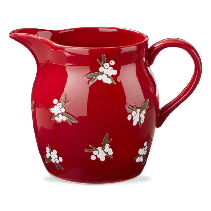 Red Ceramic Sprig Pitcher 80oz Beverage Server for Christmas 7.3in H x 9.4in L x 6.5in W Hand Wash Only
