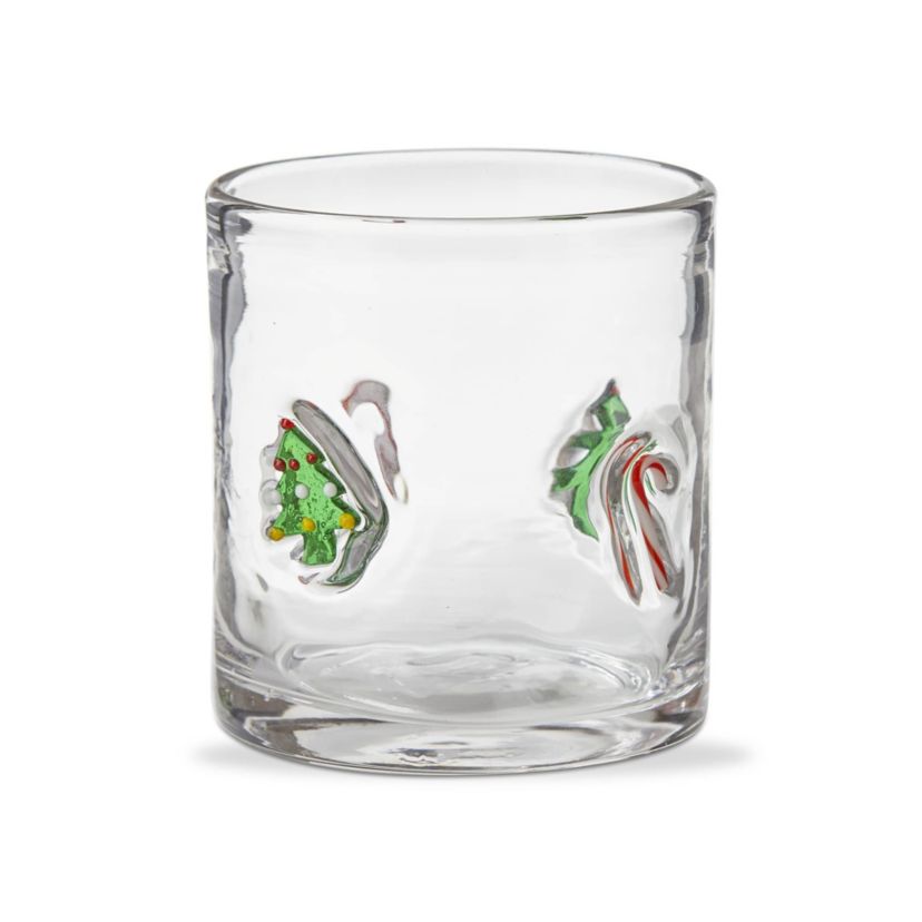 11 oz. Christmas Tree & Candy Cane Clear Double Old Fashion Whiskey Glass XMAS Festive Winter Holidays Liquor Bourbon Drinkware Glass Bar Gift