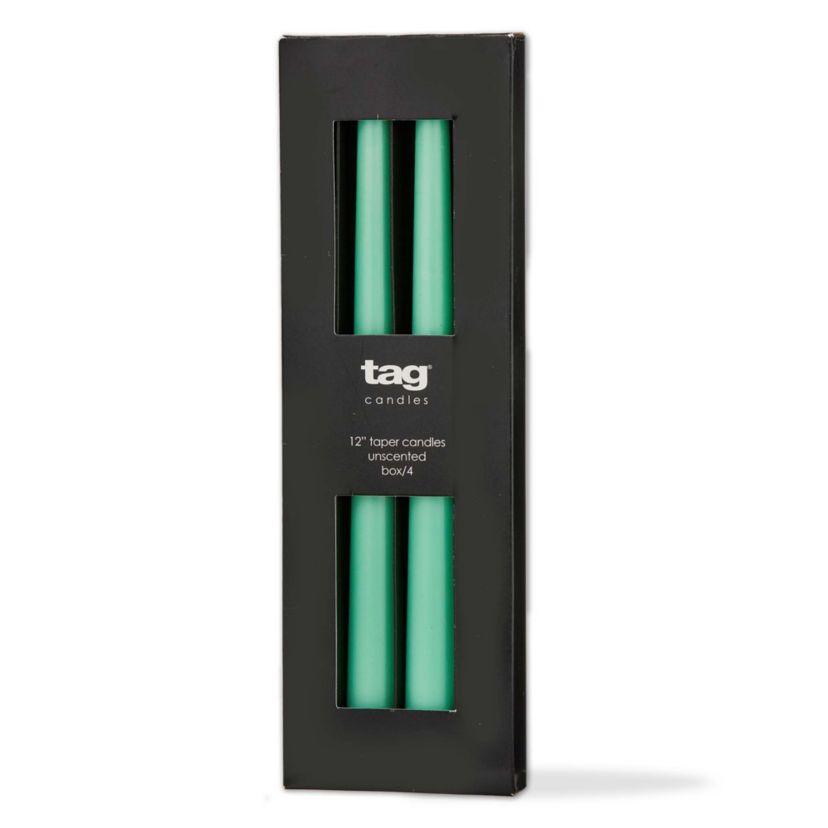 Color Studio 12" Traditional Taper Unscented Smokeless Paraffin Wax Candle Seafoam Set of 4 Burn Time 8 hrs.