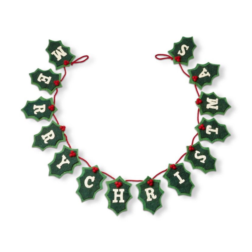 76-inch Merry Christmas Sentiment Green Holly Red Berries Wool Felt Garland Doorway Tabletop Wall Mantel Home Decoration Christmas Tree Decor