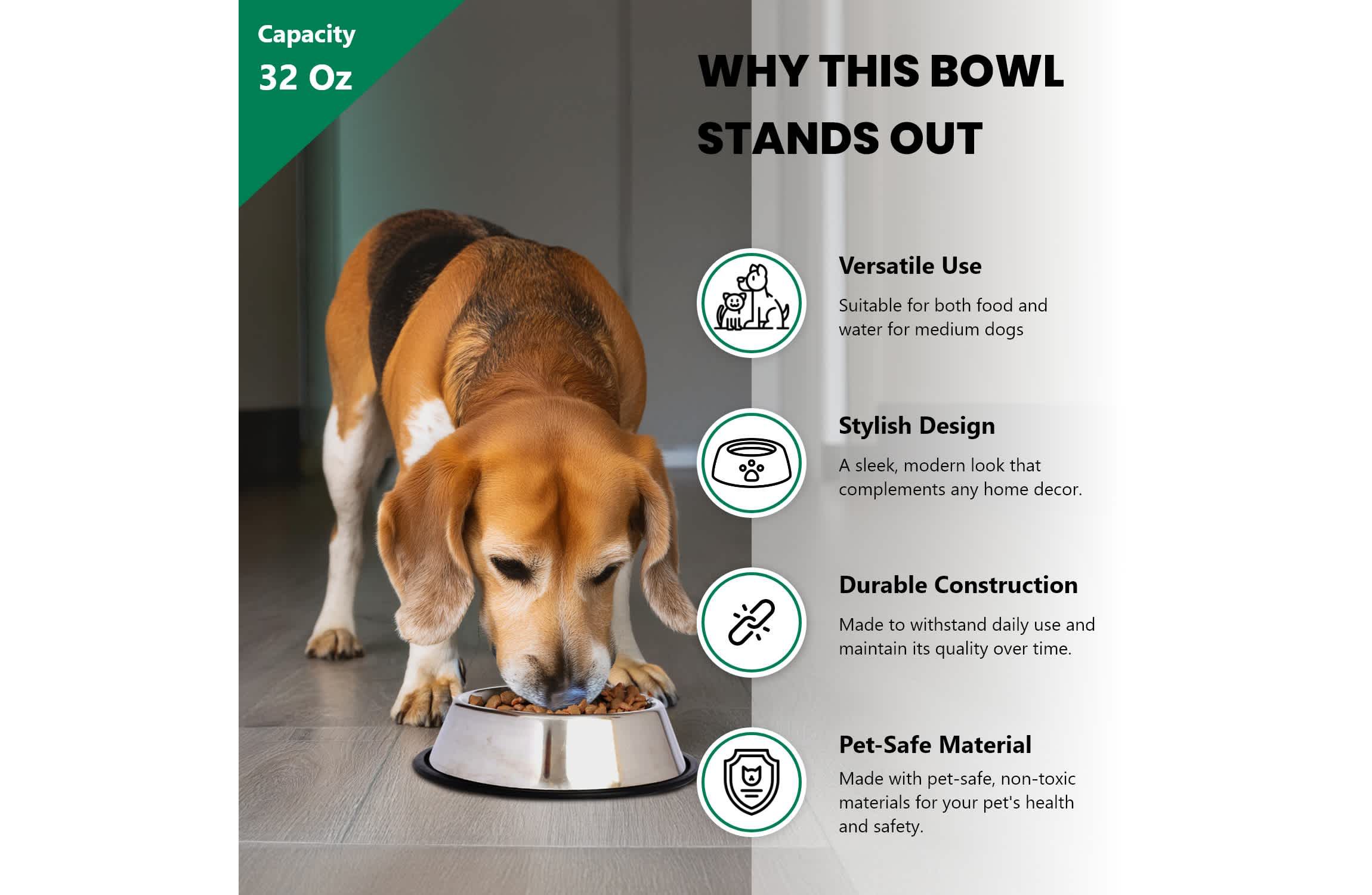 2 Pack Stainless Steel Non-Skid Pet Bowl for Dog or Cat - 32 oz - 4 cup