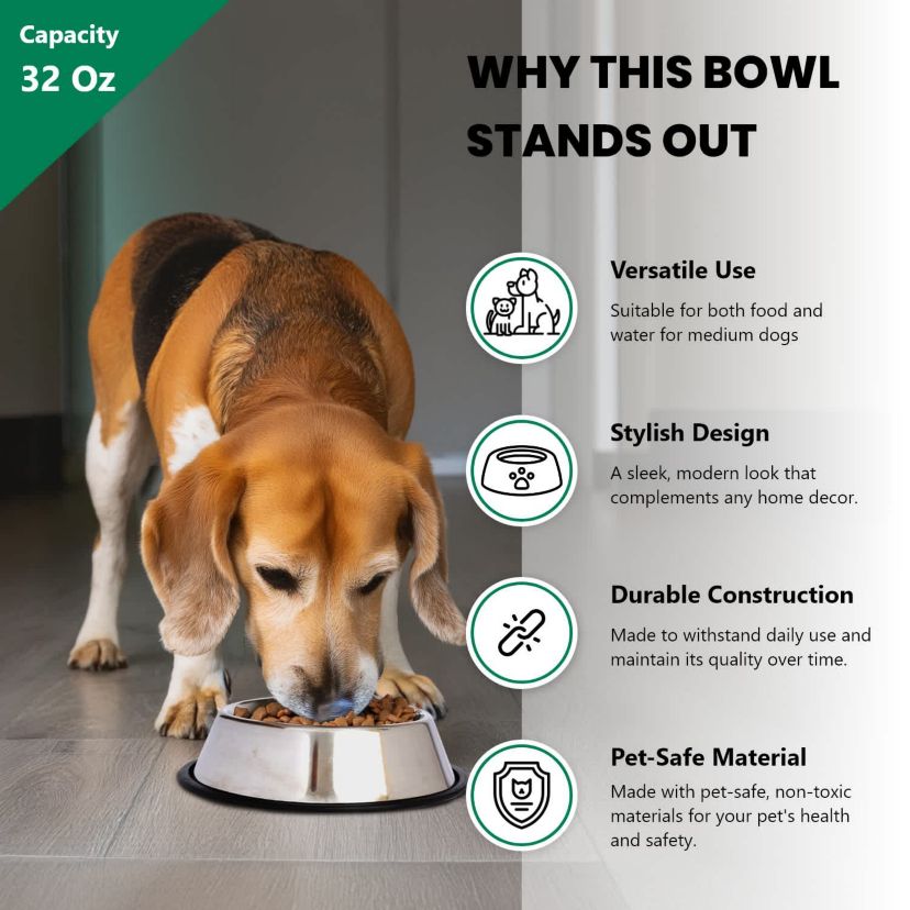 2 Pack Stainless Steel Non-Skid Pet Bowl for Dog or Cat - 32 oz - 4 cup